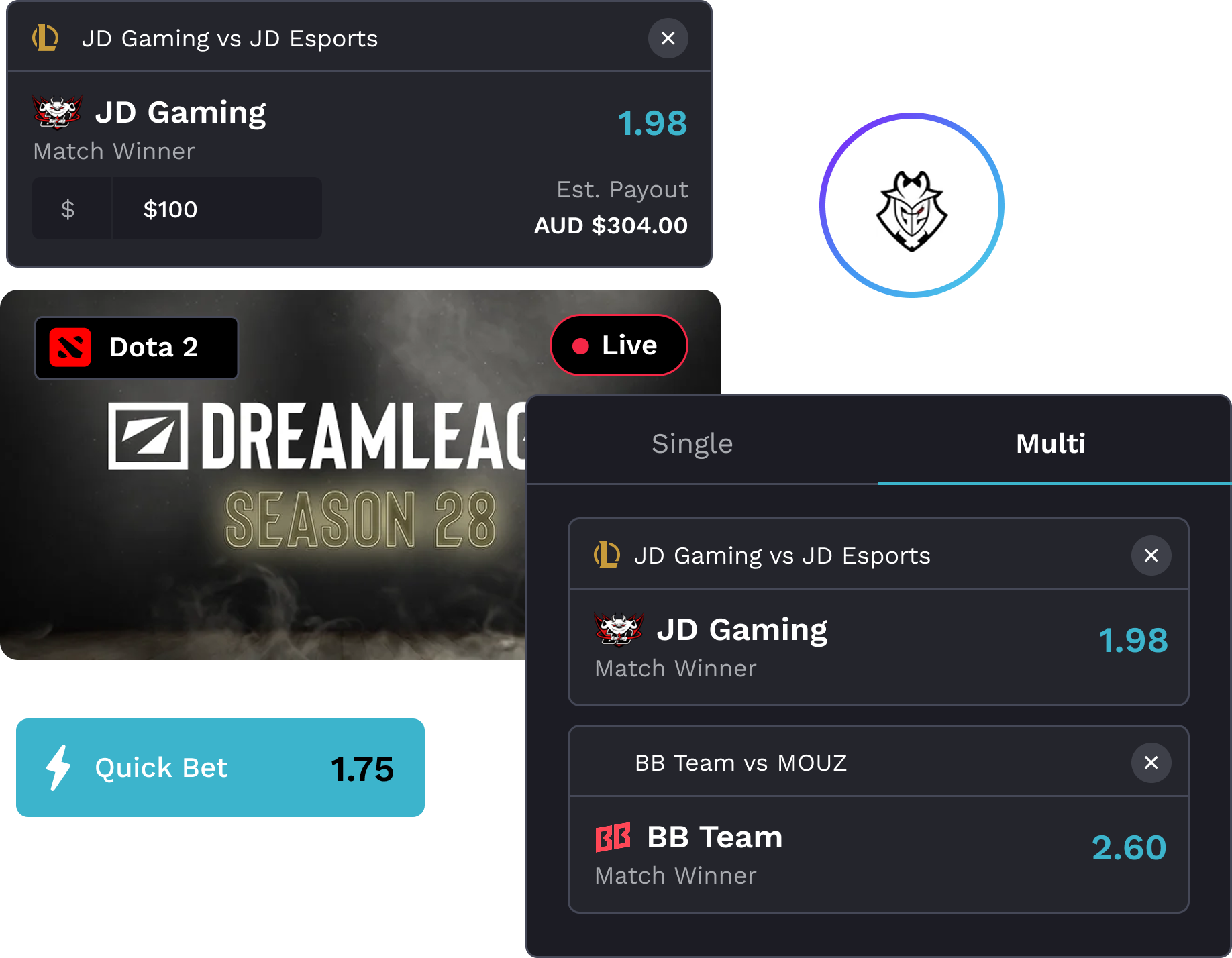 Singles and multis betting interface